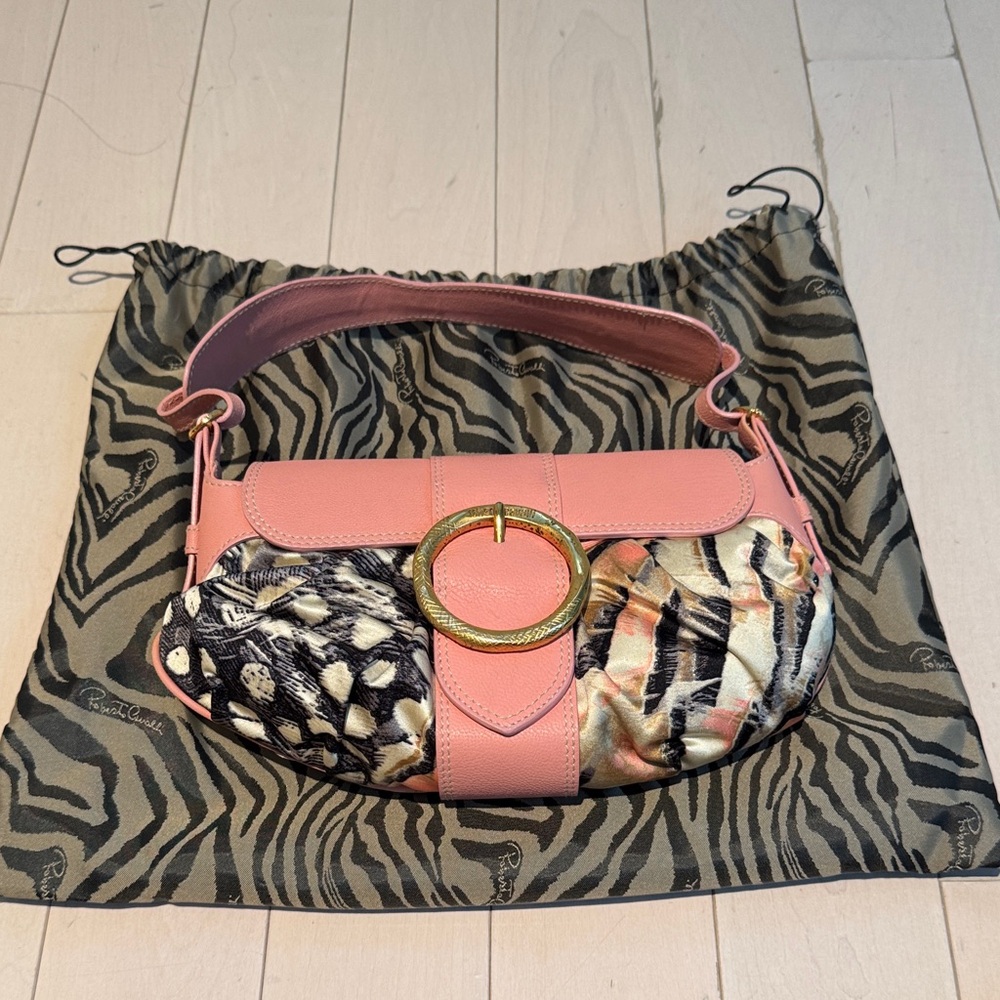 Roberto Cavalli Pink Leather and Silk Print Stylish  Shoulder Bag LIKE NEW